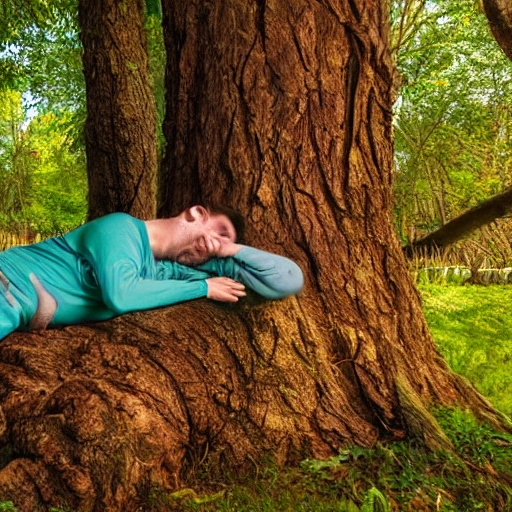 imagen duende adulto durmiendo acostado debajo de un roble, rostro detallado, hierrealista ,HDR, fantasia, 4k, feliz, tranquilidad
,estilo pixar, fondo bosque desenfocado