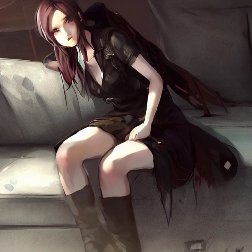 a woman sitting on a couch , cushart krenz key art feminine, from girls frontline, guweiz on artstation pixiv, fine details. girls frontline, guweiz on pixiv artstation, trending on artstation pixiv, artwork in the style of guweiz, trendin on artstation, fanart best artstation