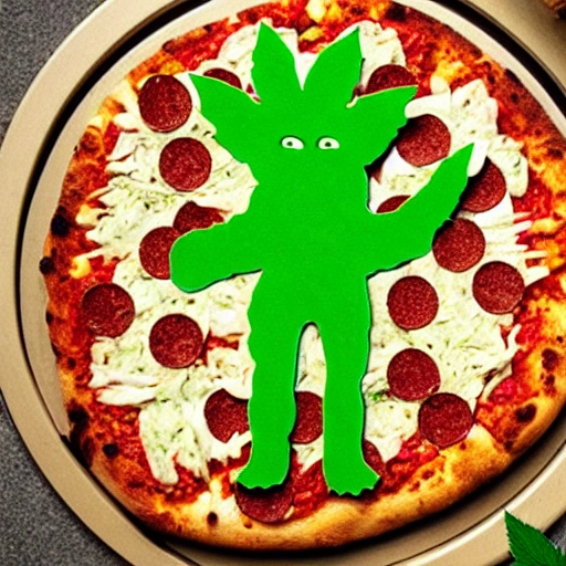 Marijuana flower in the shape of a green monster eating pizza and cats
