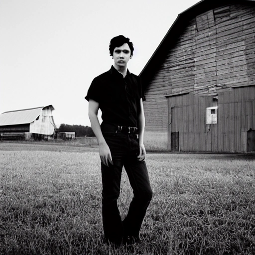 realistic photograph in 24mm lens of a young man with a malevolent look, black hair and wearing a red dress shirt in the foreground and a red and white barn in the background at night