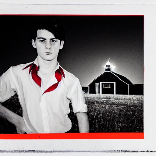 realistic photograph in 24mm lens of a young man with a malevolent look, black hair and wearing a red dress shirt in the foreground and a red and white barn in the background at night, 3D