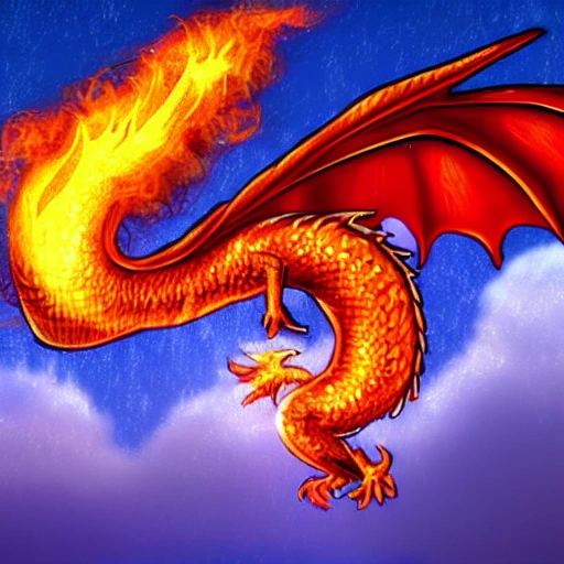 Create a fire dragon that is flying on the rainy sky, 3D, Cartoon