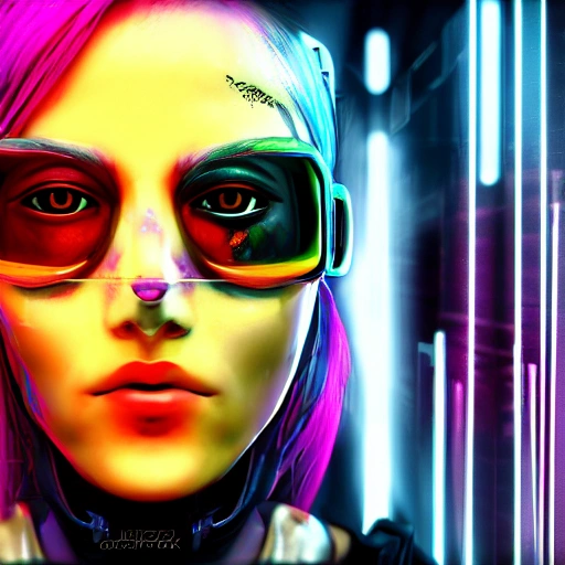 retrato de primer plano lateral de 1 chica cyberpunk, cara detallada, foco, ciudad cyberpunk, multicolor, alto contraste, hiperrealista, fotográfico, 4k, luz ambiental épica, Anime