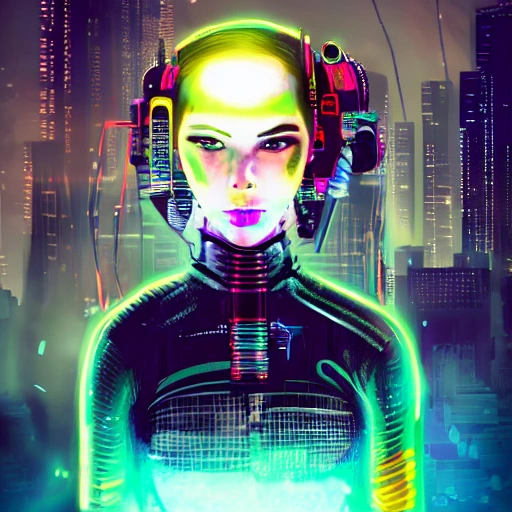 1 chica cyberpunk, cara detallada, foco, ciudad cyberpunk, cabello multicolor, alto contraste, hiperrealista, fotográfico, 4k, luz ambiental épica, Anime