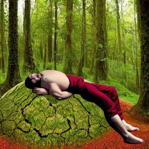 imagen cuerpo entero duende, elfo, gordo, adulto durmiendo acostado debajo de un roble, rostro detallado, hiperrealista ,HDR, fantasia, 4k, feliz, tranquilidad,
,estilo fantasia, fondo bosque desenfocado, , Trippy