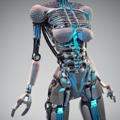 complex 3d render ultra detailed of a Human with robotic body parts, full body view,beautiful studio soft light, rim light, vibrant details, luxurious cyberpunk, lace, hyperrealistic, cable electric wires, microchip, elegant, beautiful background, octane render, H. R. Giger style, 8k