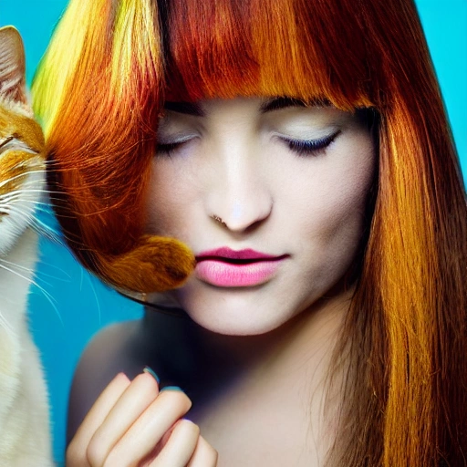  retrato de una chica con orejas de gato, cara detallada, Glamor shot, Beautiful Lighting, hiperrealista, cabello multicolor, alto contraste, luz ambiental