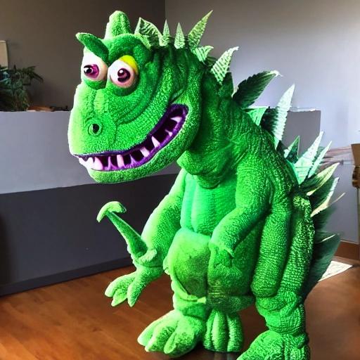 a big purple and green monster dinosaur made by flowers of marijuana