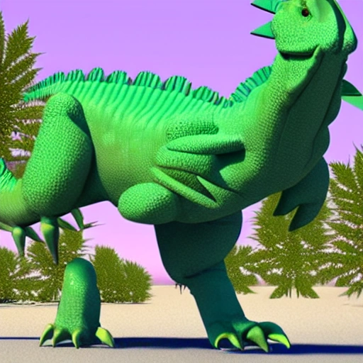 a render 3d of a big purple and green monster dinosaur made by plants leaves of marijuana

