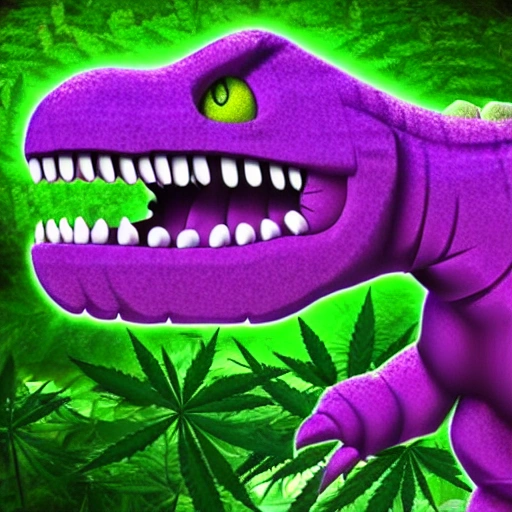 a 3d toon render of a big purple and green monster dinosaur made by plants leaves of marijuana

