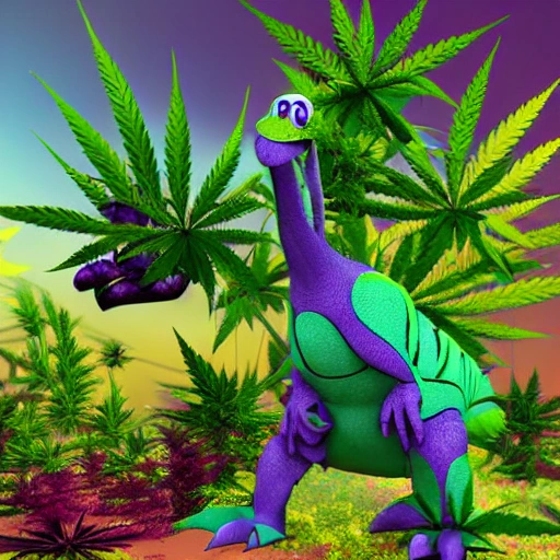 a 3d toon render of a big purple and green dinosaur monster made by plants leaves of marijuana and some flowers of marijuana in the background