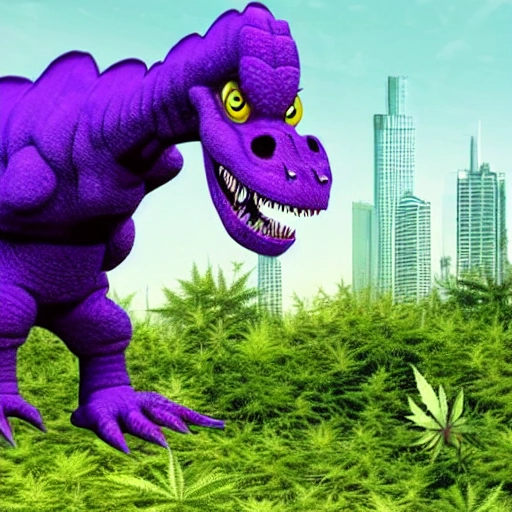 a 3d toon render of a big purple and green dinosaur monster made by plants leaves of marijuana and some flowers of marijuana in the background destroying the city of manhatan