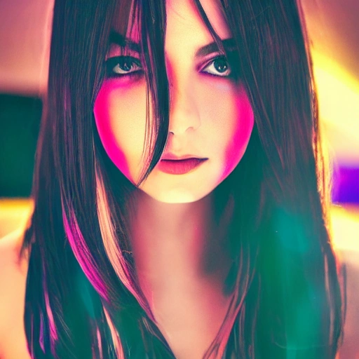  una chica, cara detallada, Glamor shot, Beautiful Lighting, Anime, cabello multicolor, alto contraste, luz ambiental