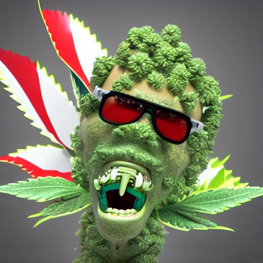 a realistic 3d toon render of a marijuana flower with arms of professional wrestler, whit sunglases and sticking out his tongue and melting

