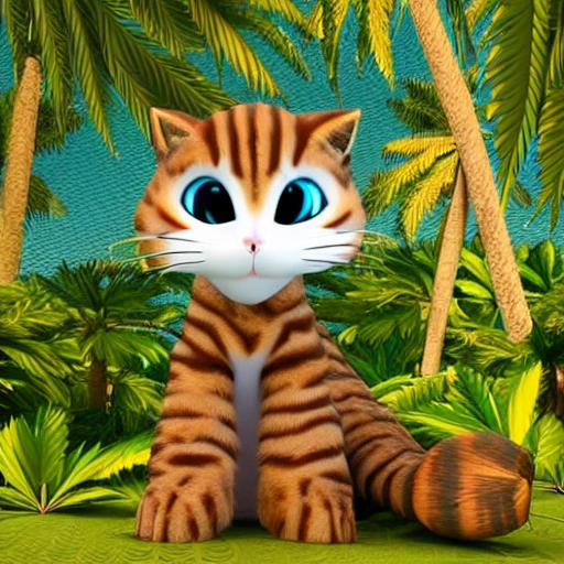 a 3d toon render of a cat made by marijuana leaves  in the background a island with palm trees and coconuts
