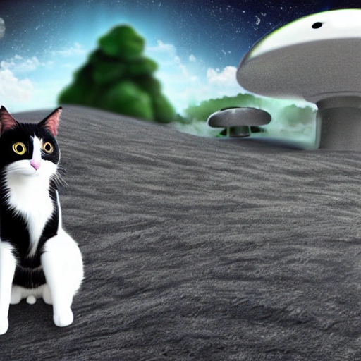 3d toon render of a black and white cat in the middle of an island full of marijuana plants and a UFO in the sky