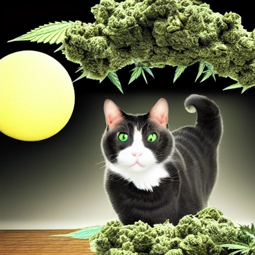 3d render, black and white cat in the middle of an island full of marijuana plants, UFO in the sky