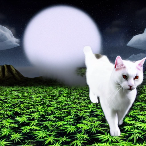 3d render, white and black cat in the middle of an island full of marijuana plants, UFO in the sky
