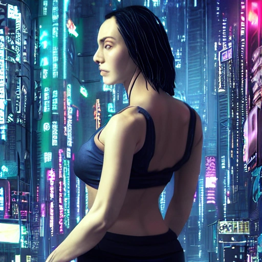 The girl is tall and slim with a pretty face. She has long, flowing hair and bright eyes. She moves with grace and confidence. Her chest is large and her body is muscular, spotlight, cyberpunk city, wired, multicolored, vibrant high contrast, hyperrealistic, photografic, 8k, epic ambient light, octane render, 3D