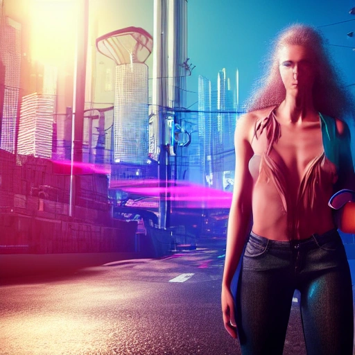 The girl is tall and slim with a pretty face. She has long, flowing hair and bright eyes. She moves with grace and confidence. Her chest is large and her body is muscular, spotlight, cyberpunk city, wired, multicolored, vibrant high contrast, hyperrealistic, photografic, 8k, epic ambient light, octane render, 3D