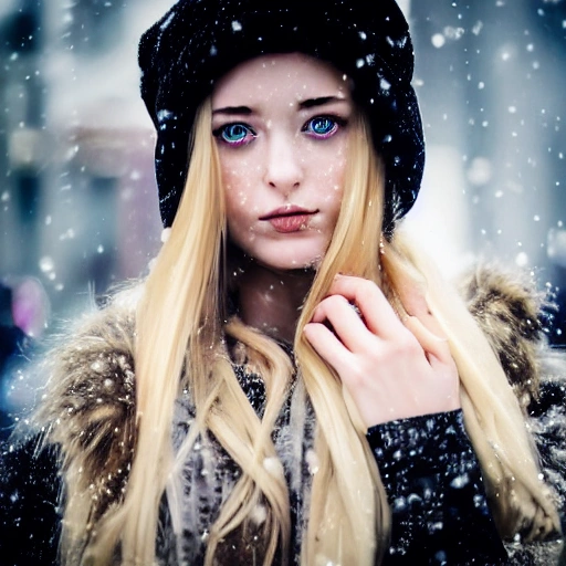 professional portrait photograph of a gorgeous cyberpunk girl in winter clothing with long wavy blonde hair, sultry flirty look, (freckles), gorgeous symmetrical face, cute natural makeup, wearing elegant warm winter fashion clothing, ((standing outside in snowy city street)), stunning modern urban environment, ultra realistic, concept art, elegant, highly detailed, intricate, sharp focus, depth of field, f/1.8, 85mm, medium shot, mid shot, (((professionally color graded))), bright soft diffused light, (volumetric fog), trending on instagram, hdr 4k, 8k