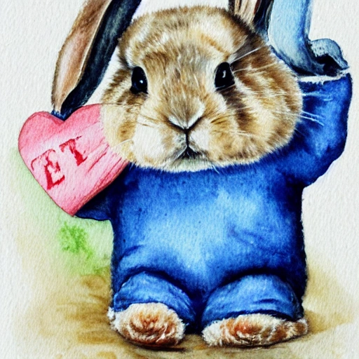 Very cute bunny holding a lucky word in his hand, Water Color, Oil Painting