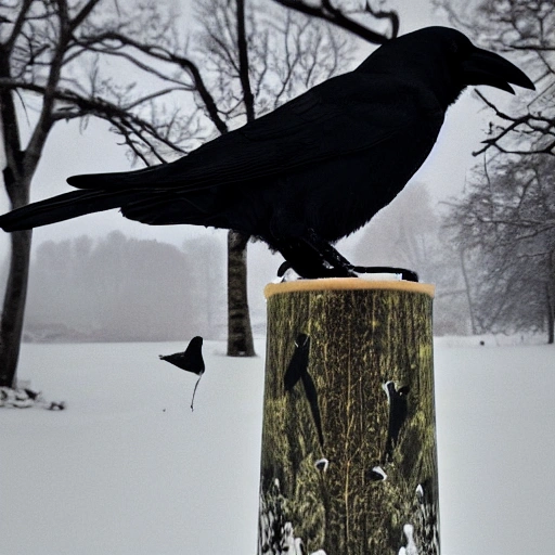 A crow, a pint of black beer and a tree in a winter scene, Trippy