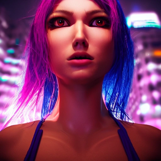 bikini girl, detailed face, spotlight, cyberpunk city, wired, multicolored, vibrant high contrast, hyperrealistic, photografic, 8k, epic ambient light, octane render