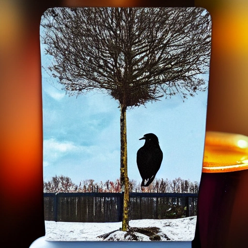 A crow, a pint of black beer and a tree in a winter scene, Trippy