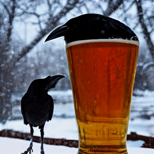 A crow, a pint of black beer and a tree in a winter scene, Trippy