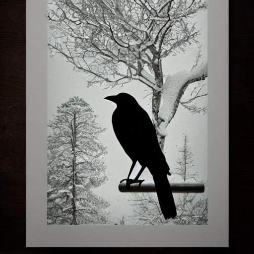 A crow, a pint of black beer and a tree in a winter scene, Trippy