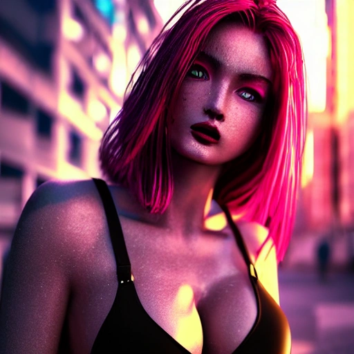 bikini girl, detailed face, spotlight, cyberpunk city, wired, multicolored, vibrant high contrast, hyperrealistic, photografic, 8k, epic ambient light, octane render