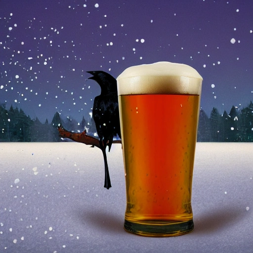 A crow, a pint of black and thick beer and a tree in a winter scene, Trippy