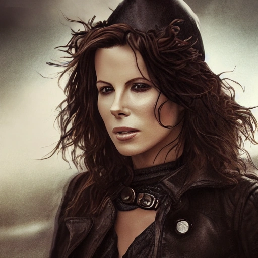 Close-up Portrait of a young woman, beautiful, Kate Beckinsale, black hair, Piratess like Mary Read, highly detailed leather clothing, high details, perfect and intricate composition, beautiful detailed octane trendy rendering on the art station, fine art photography 8k art, photorealistic concept art, perfect cinematic soft lighting, natural, cinematic volumetric, chiaroscuro, award winning photography, masterpiece, trending art station, sharp focus, intricate detail, academic figurative, painting by boris vallejo, Greg Rutkowski, Alphonse Mucha . Caravaggio, Oil Painting, Trippy, Cartoon, Cartoon