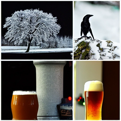 A crow, a pint of black and thick beer and a tree in a winter scene, Trippy