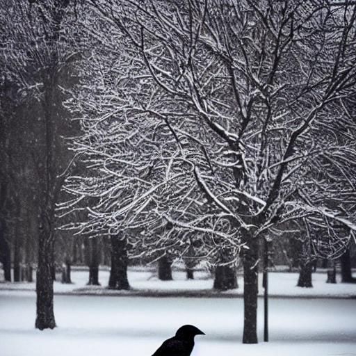 A crow, a pint of black and thick beer and a tree in a winter scene, Trippy