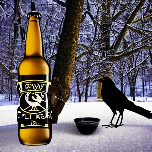 A crow, a pint of black and thick beer and a tree in a winter scene, Trippy