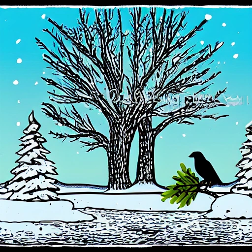 A crow, a pint of black and thick beer and a tree in a winter scene, Cartoon