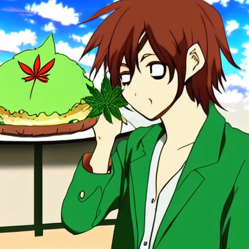 An anime-style marijuana leaf very happy, in the background there is a pizzeria