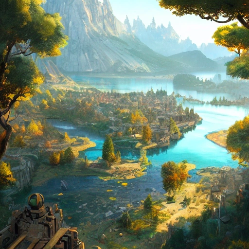 a birds eye view overlooking an ancient fantasy city surrounded by mountains and trees of greens and browns, rivers and lakes by Jordan Grimmer, Asher Brown Durand and Ryan Dening, 8k, artstation, beautiful color pallette