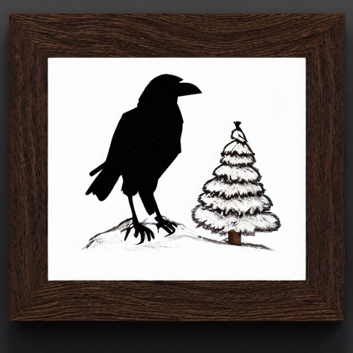 A crow, a pint of black and thick beer and a tree in a winter scene, Cartoon, Pencil Sketch, 3D