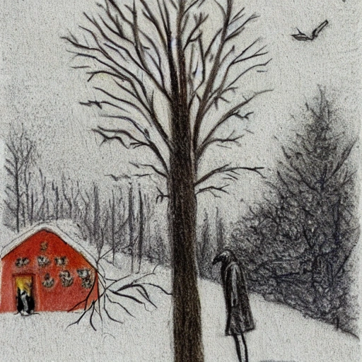 A crow, a pint of black and thick beer and a tree in a winter scene, Cartoon, Pencil Sketch, 3D, Oil Painting