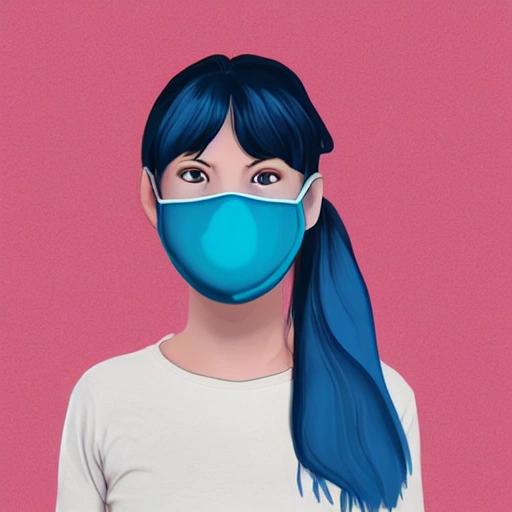 Face mask, terror, noseless big eyes , eyes bags, metallic blue, postmodern, long hair