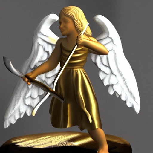 Big angel, white wings on the sky, golden hair, spear in one hand , 3D