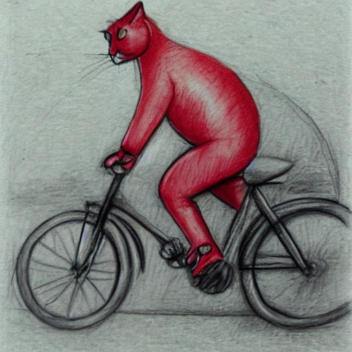 Un gato andando en una bicicleta roja, Pencil Sketch