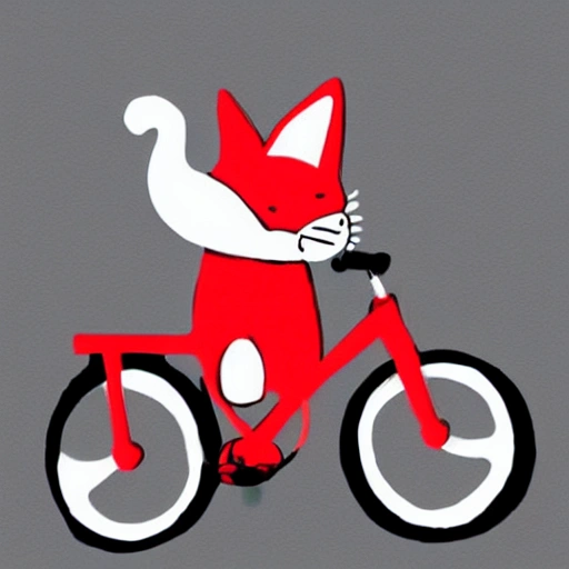 Un gato gris con manchas blancas andando en una bicicleta roja, Cartoon