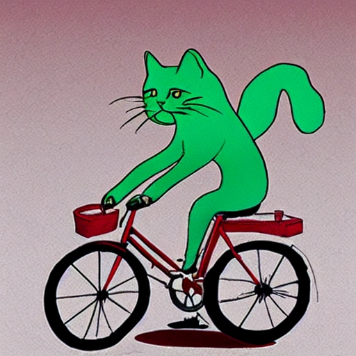 Una bicicleta roja con un gato gris arriba, Cartoon