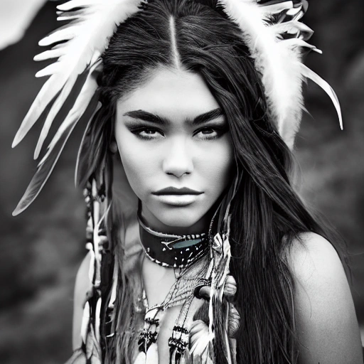 mdjrny-v4 style portrait photograph of Madison Beer as Pocahontas, young beautiful native american woman, perfect symmetrical face, feather jewelry, traditional handmade dress, armed female hunter warrior, (((wild west))) environment, Utah landscape, ultra realistic, concept art, elegant, ((intricate)), ((highly detailed)), depth of field, ((professionally color graded)), 8k, art by artgerm and greg rutkowski and alphonse mucha, 3D, Cartoon, Trippy, Pencil Sketch, 3D, Pencil Sketch, Water Color, Oil Painting, Trippy