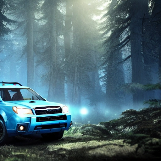 ones upon a time subaru forester go the forest dark and scary fantasy background with cloud and sun beams futuristic cyberpunk city light blue hue fine details 3d render cycles unreal engine, 3D