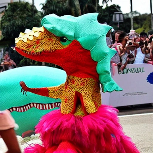 /imagine prompt: CUTE DINOSAUR IN BARRANQUILLA CARNIVAL DRESS :: --v 4